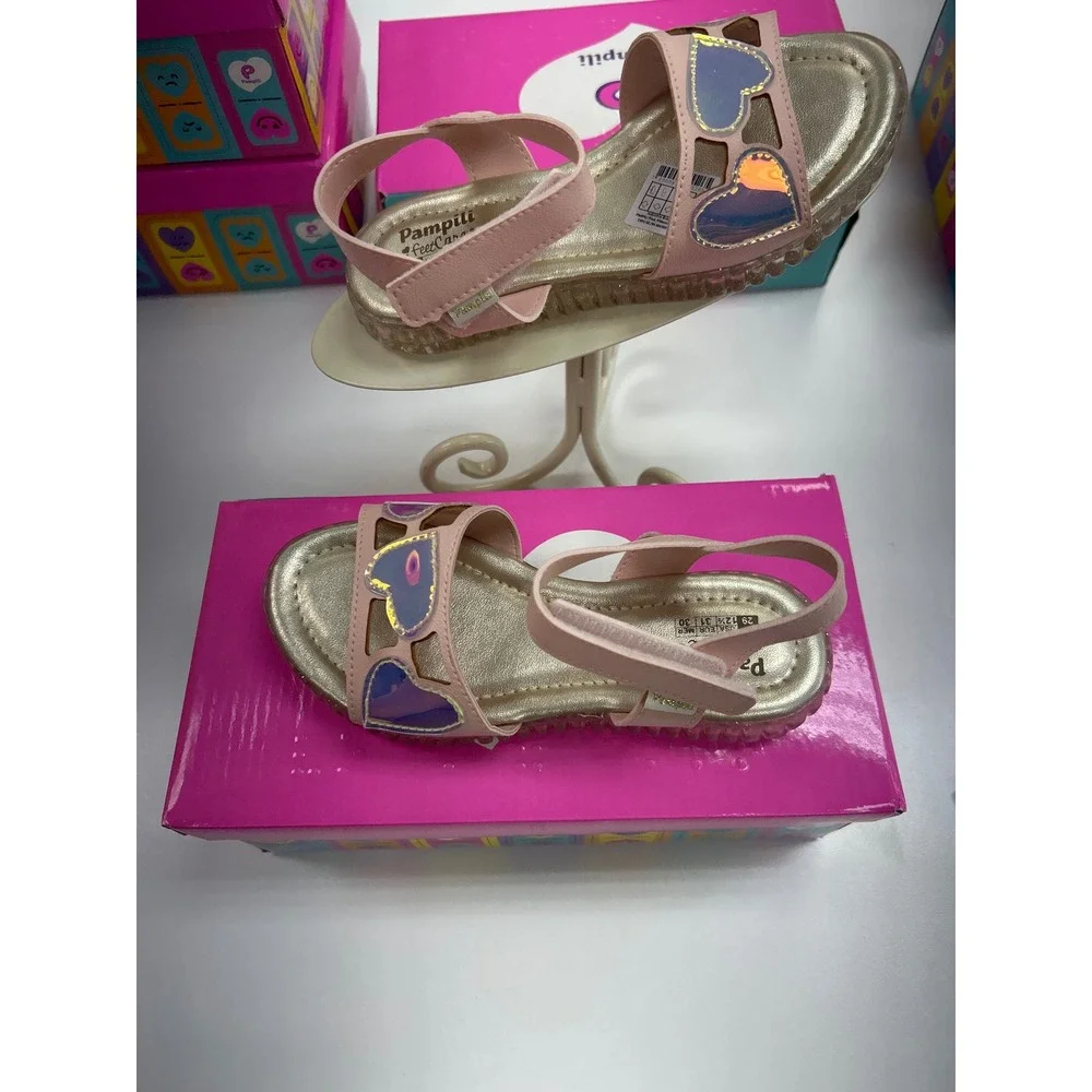 Pampili Girls Pink Holographic Heart Strappy Sandals Gold Footbed Size 12.5 US
